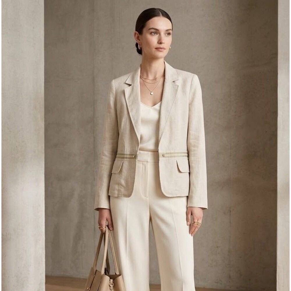 Willi Smith 100% Linen Blazer Size 14 Beige Cream Tailored Jacket Quiet Luxury